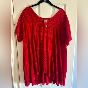 Johnny Was Red Boxy Short Sleeve Blouse